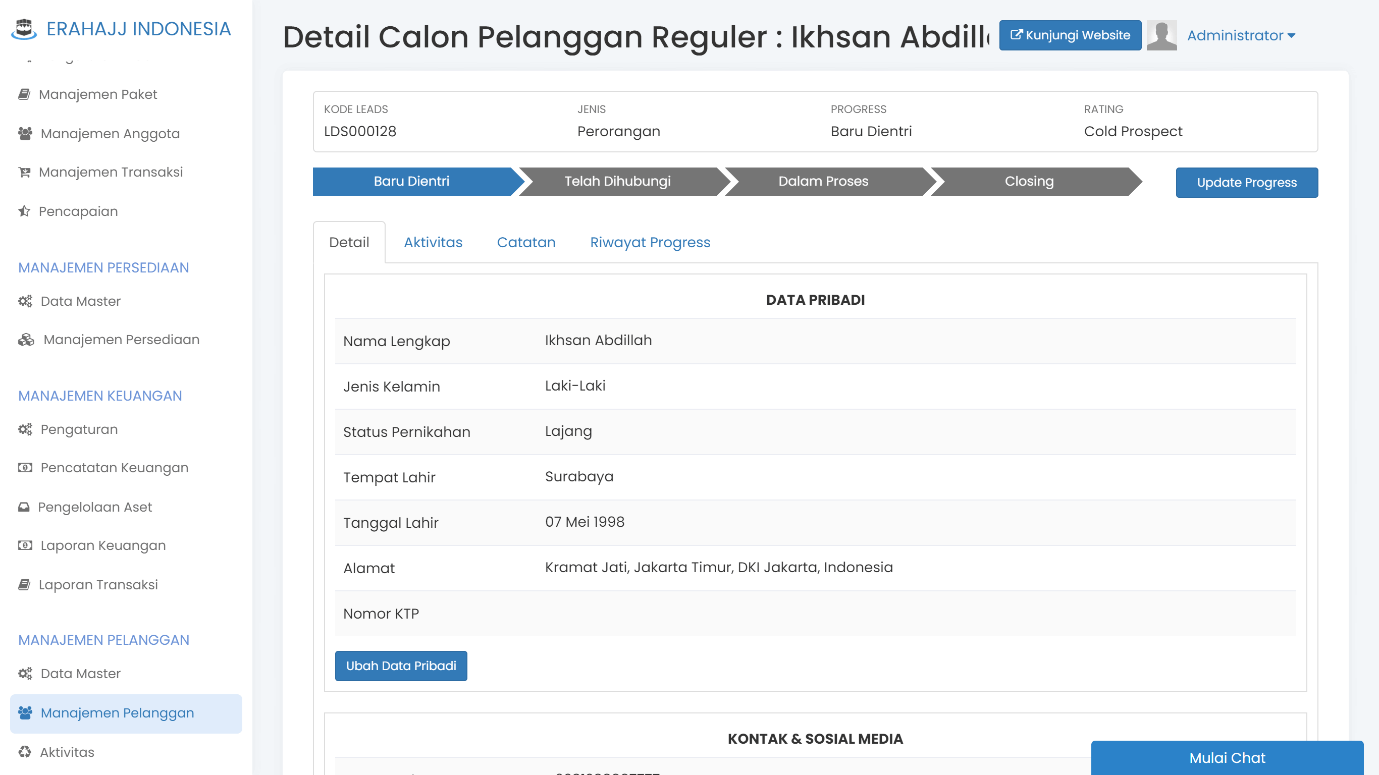 Layar database calon jamaah di CRM Erahajj