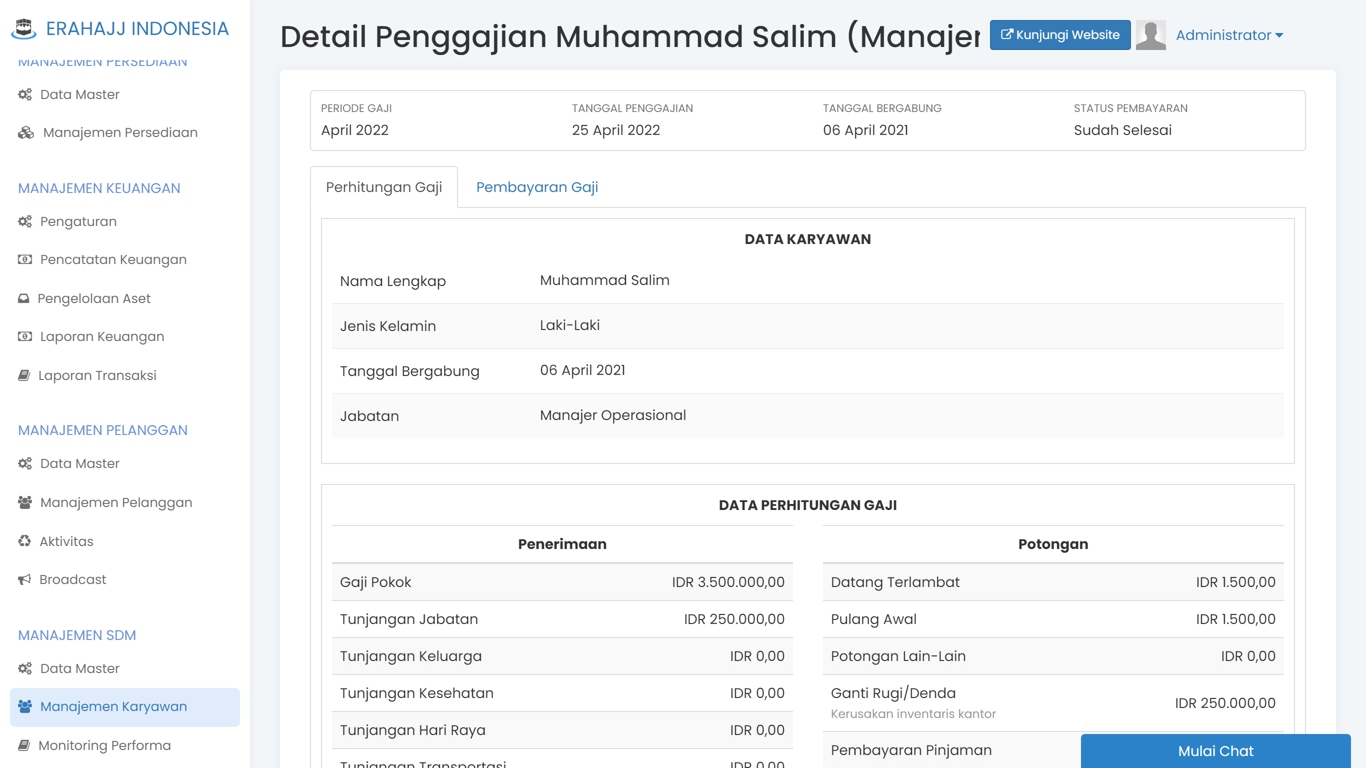 Layar administrasi penggajian karyawan di HRIS Erahajj