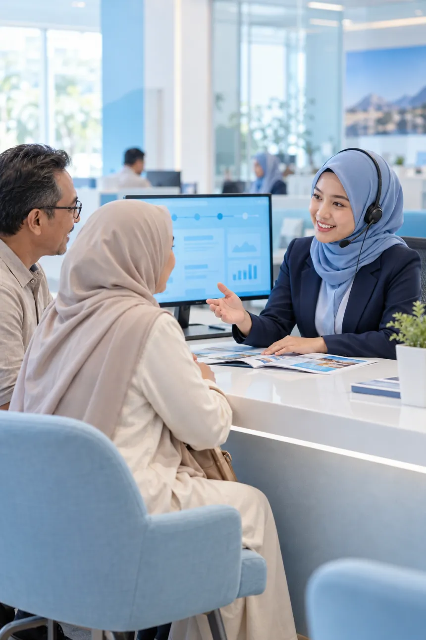 Customer service travel melayani calon jamaah di meja layanan